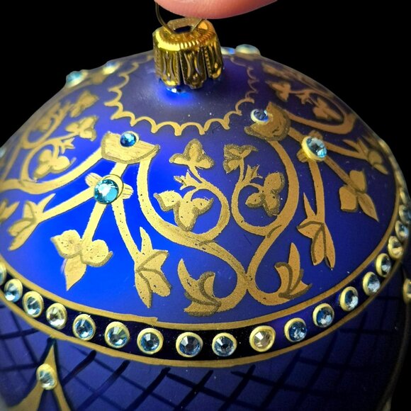 Komozja Family Blue Jeweled Glass Egg 5" Ornament Handcrafted Polish Blown Glass - Picture 8 of 10